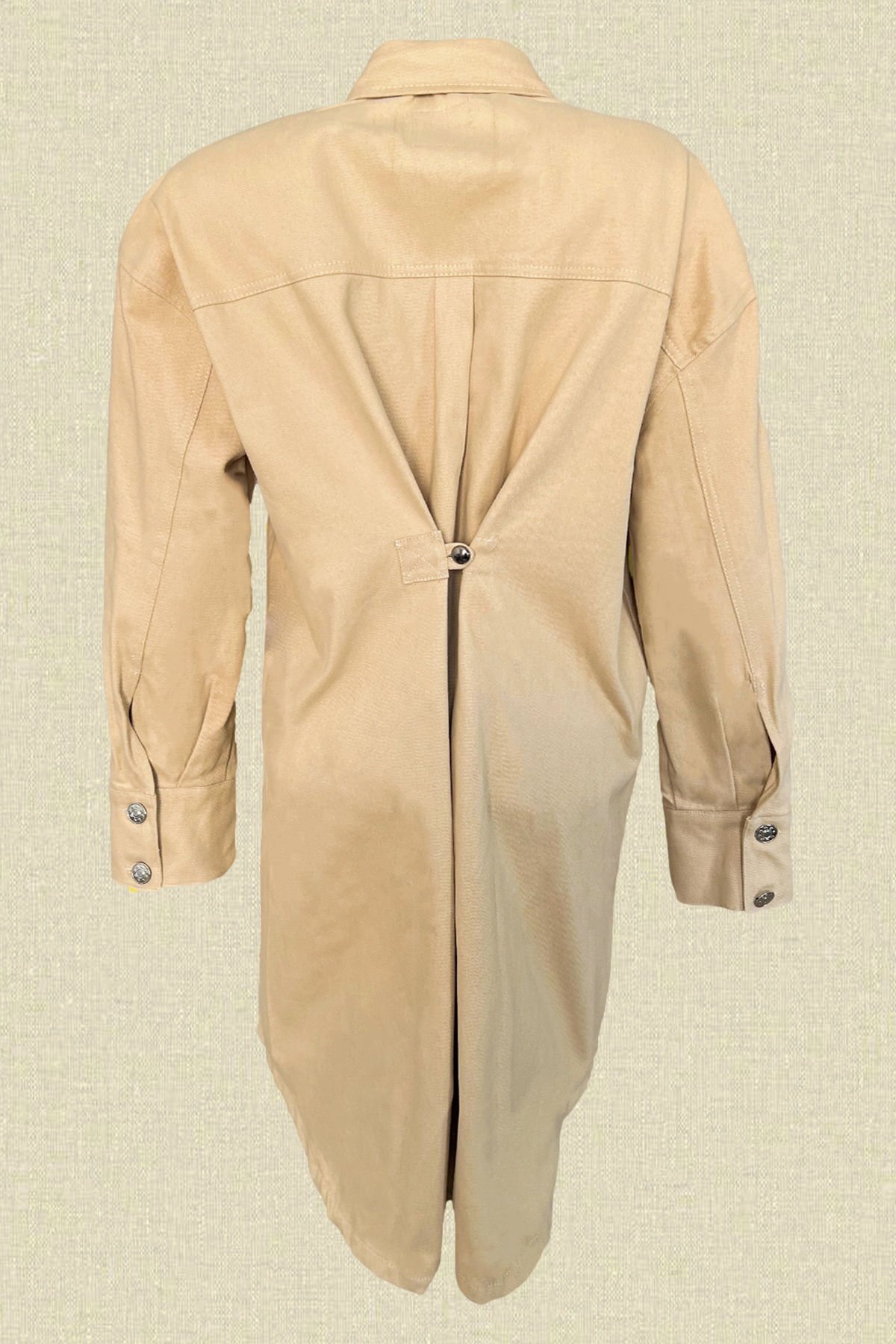 Gümüş Dal İşlemeli Uzun Krem Jean Ceket