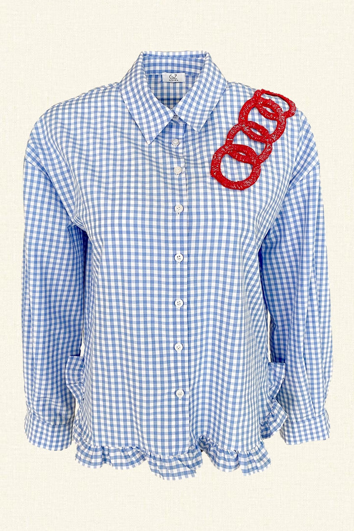 Kırmızı Zincir Detaylı Mavi Pötikareli Gömlek