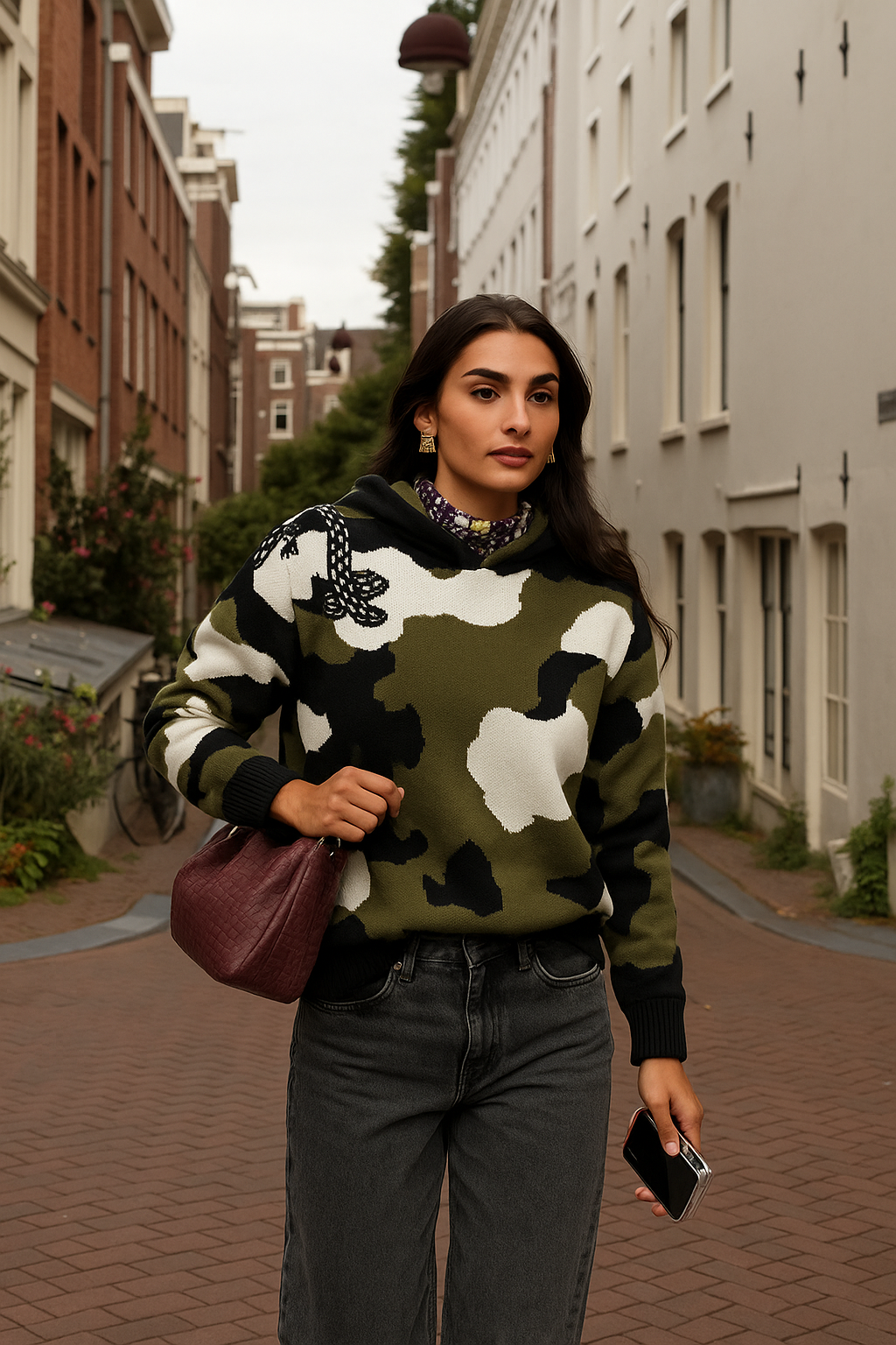 Siyah İşlemeli Kamuflaj Desenli Kapüşonlu Triko Kazak