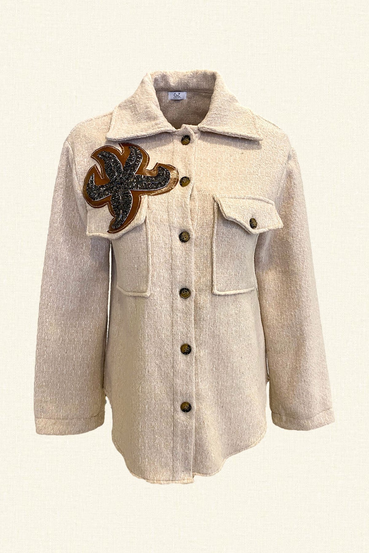 Yıldız Motifli Krem Renk Yünlü Kaşe Ceket