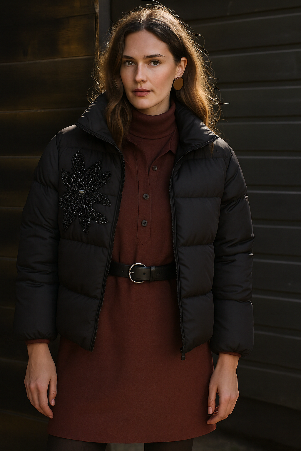 Boncuk İşlemeli Siyah Şişme Mont