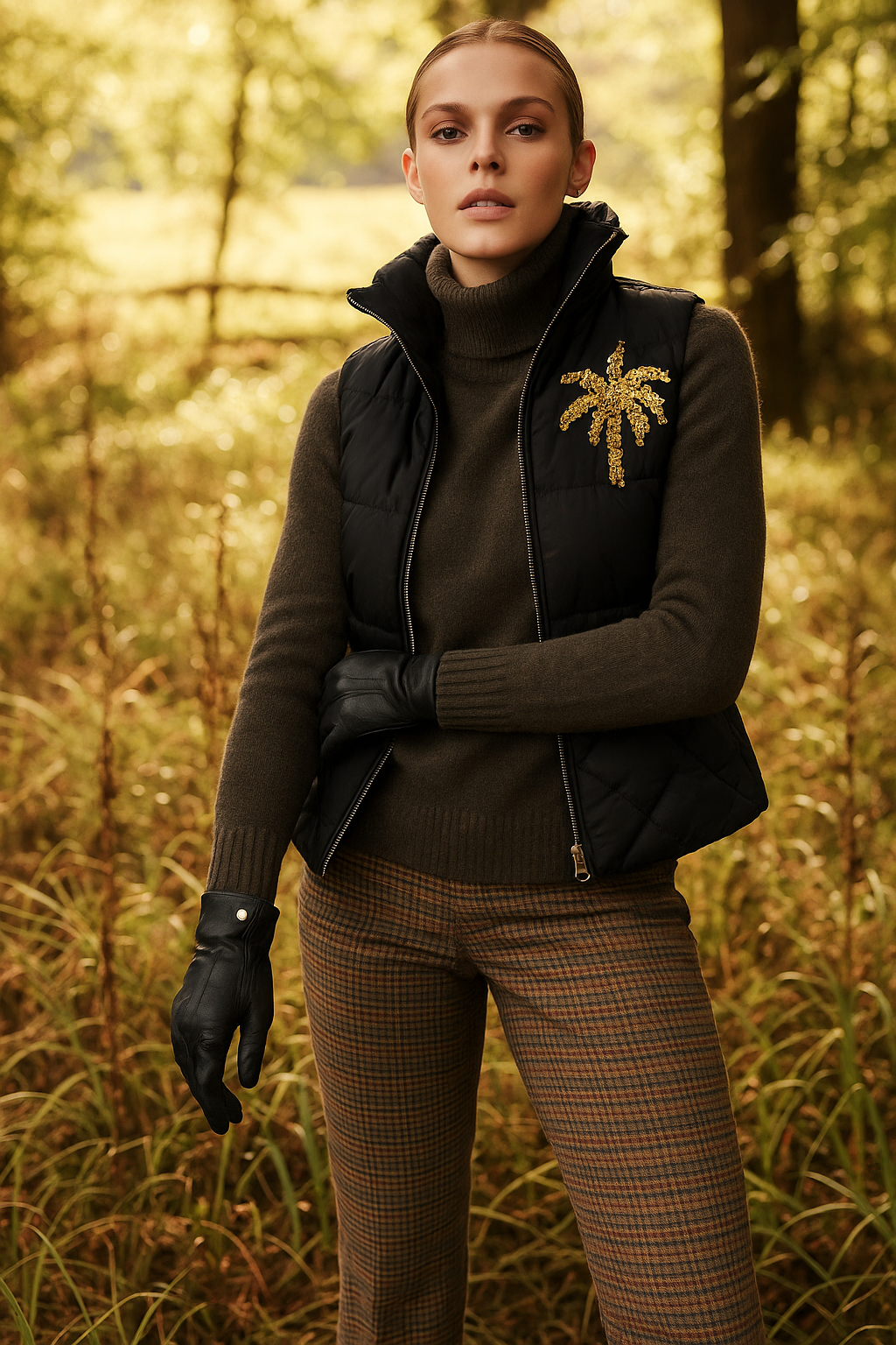 Sarı Palmiye İşlemeli Siyah Bomber Şişme Yelek