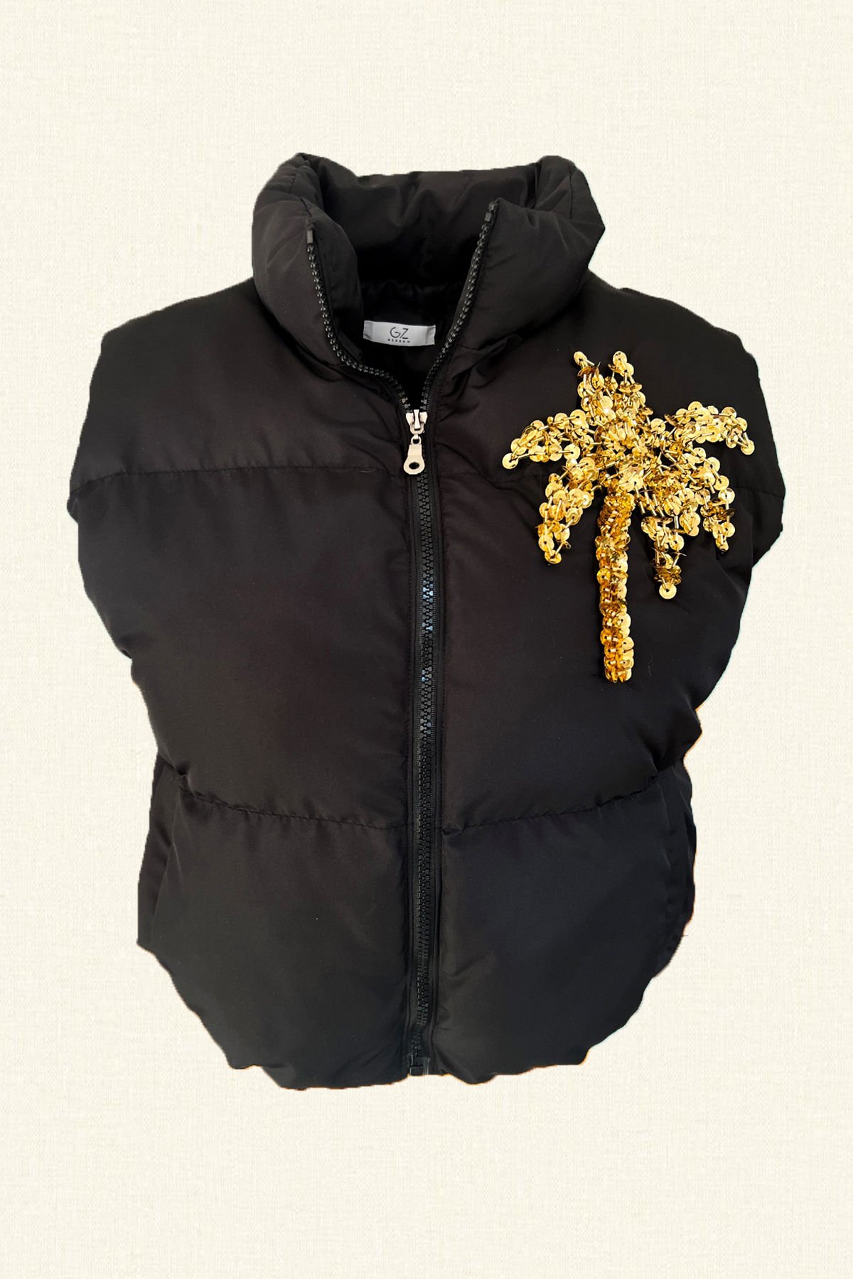 Sarı Palmiye İşlemeli Siyah Bomber Şişme Yelek