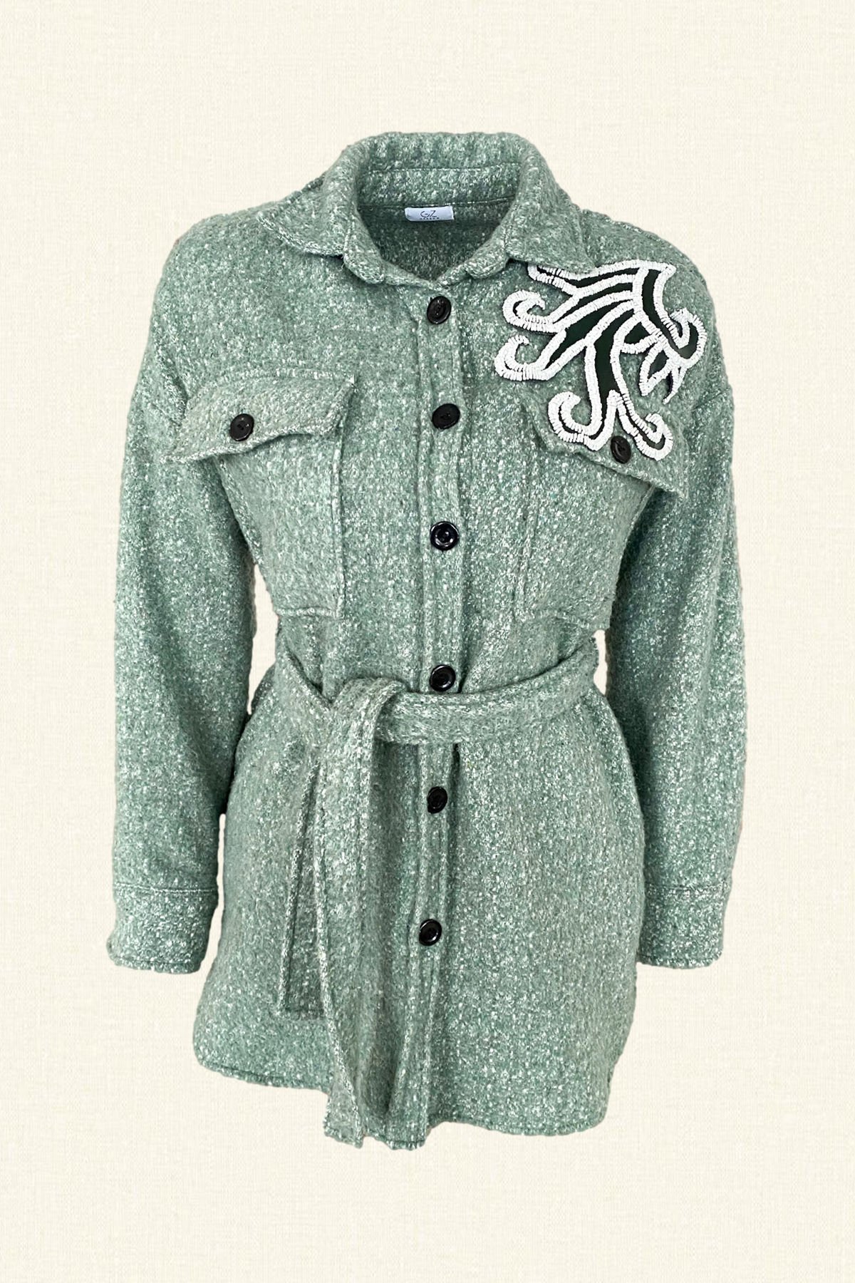 Beyaz Boncuk İşlemeli Mint Yeşili Yünlü Kaşe Ceket