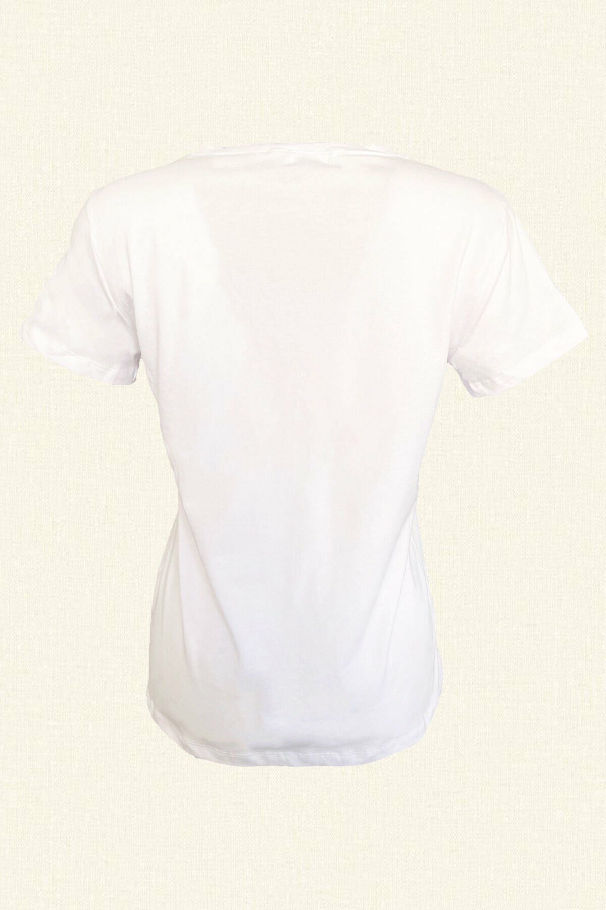 Gümüş Harf İşlemeli  V-Yaka Beyaz Tişört M - O