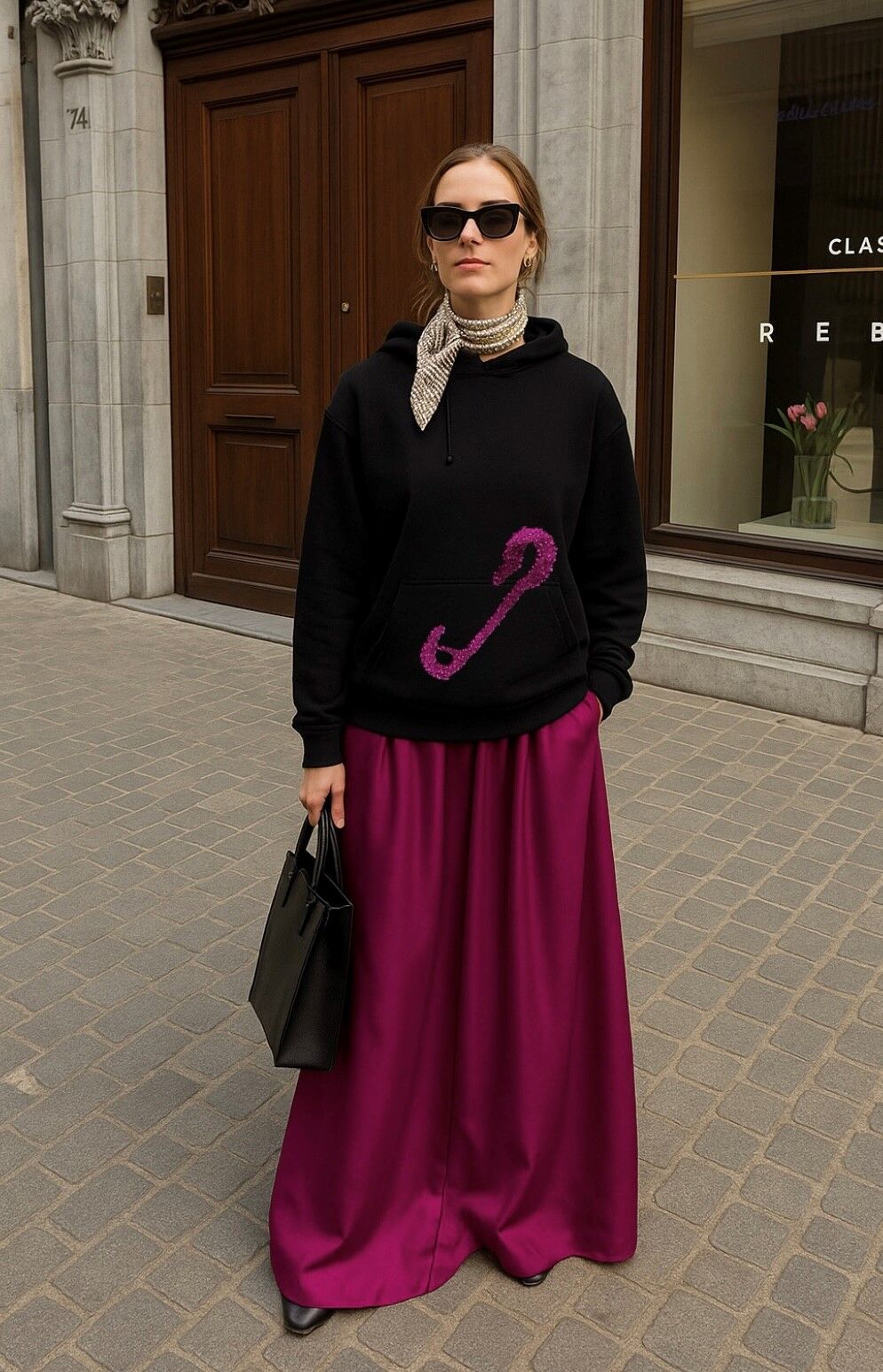 Pembe Çengelli İğne İşlemeli Siyah Renk Kapüşonlu Sweatshirt