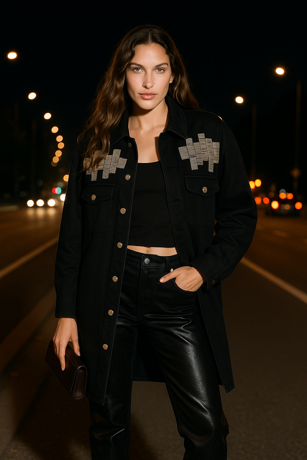 Ritim Detaylı Gümüş İşlemeli Uzun Siyah Jean Ceket