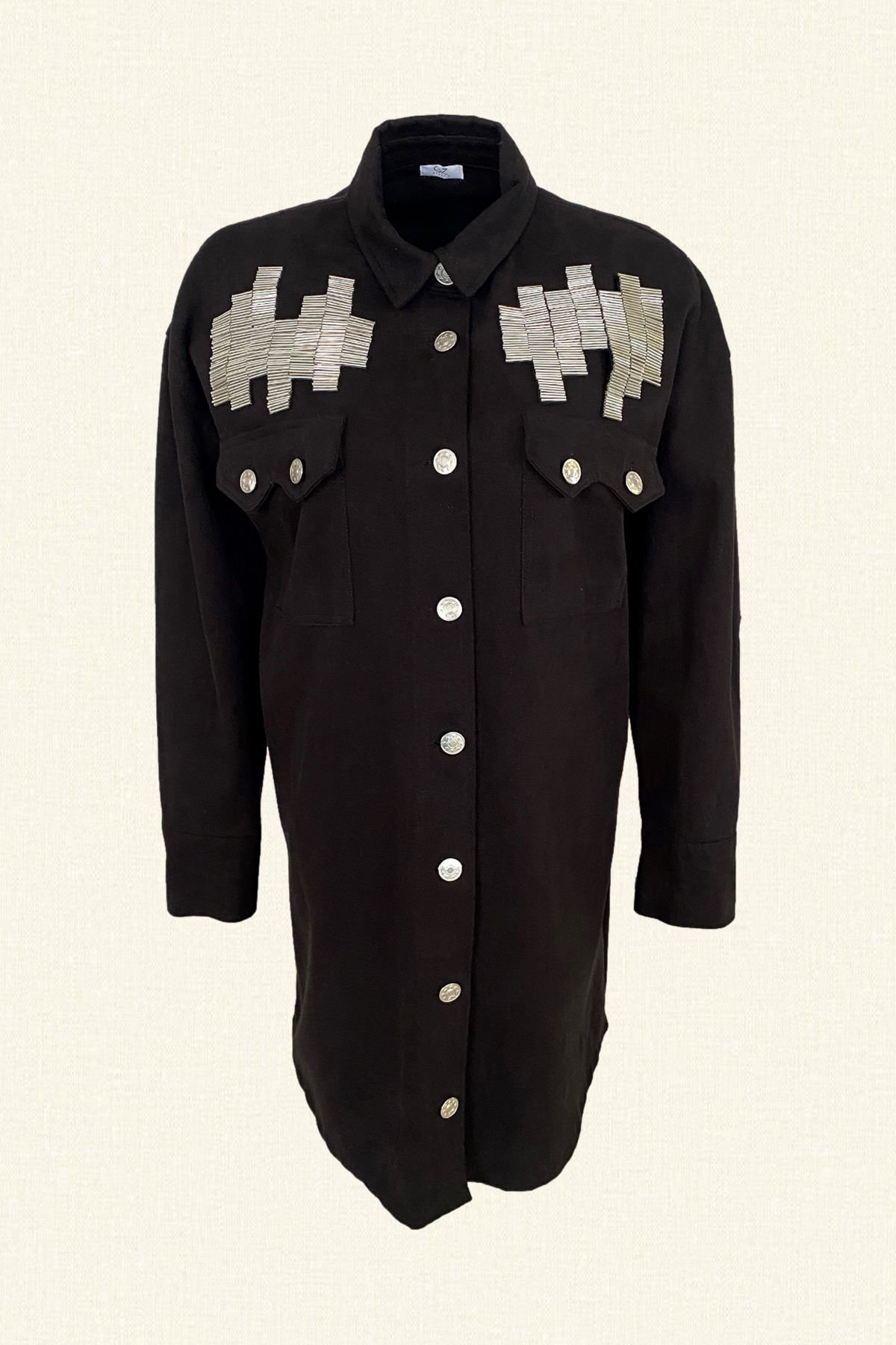 Ritim Detaylı Gümüş İşlemeli Uzun Siyah Jean Ceket