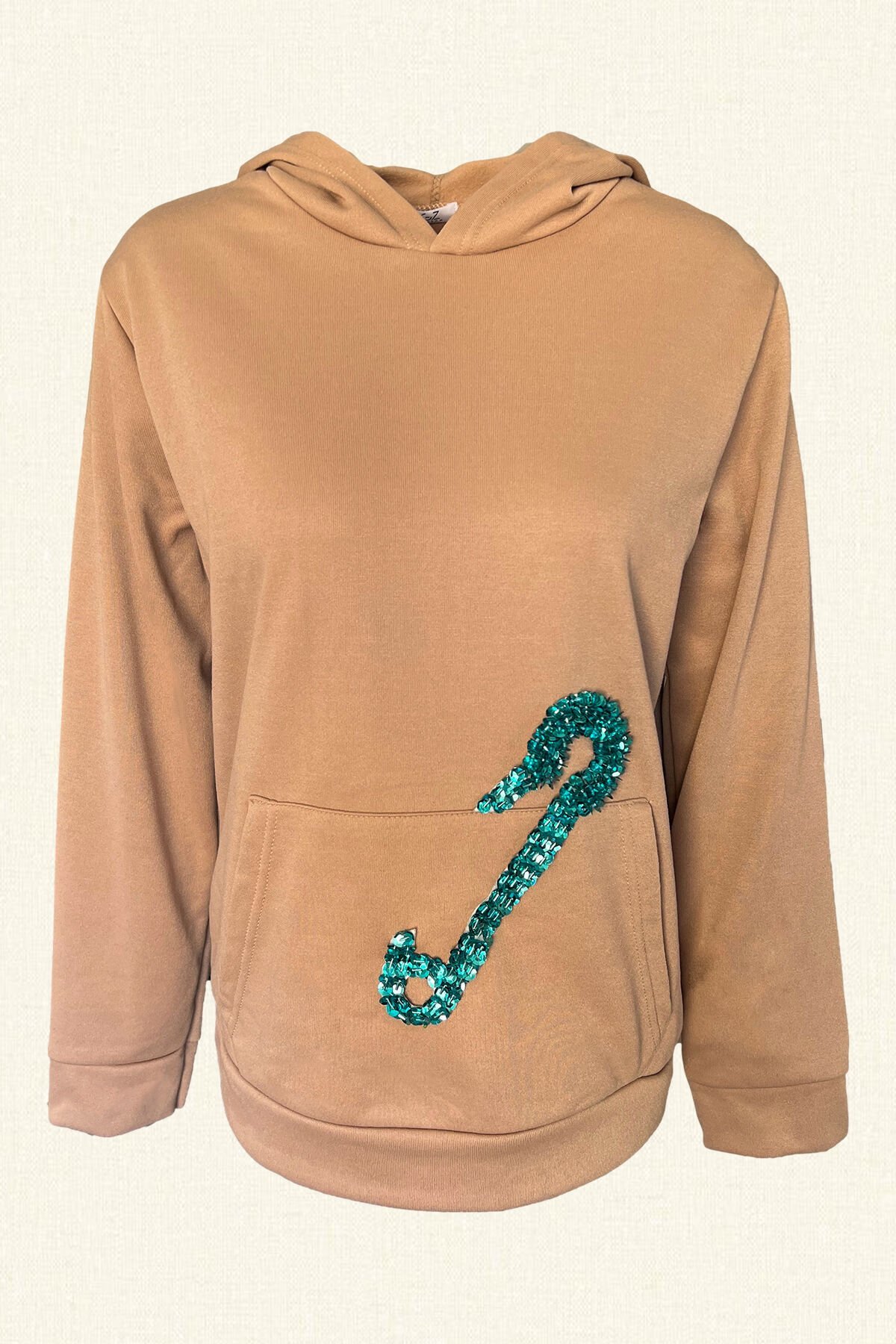 Mavi Çengelli İğne İşlemeli Krem Renk Kapüşonlu Sweatshirt