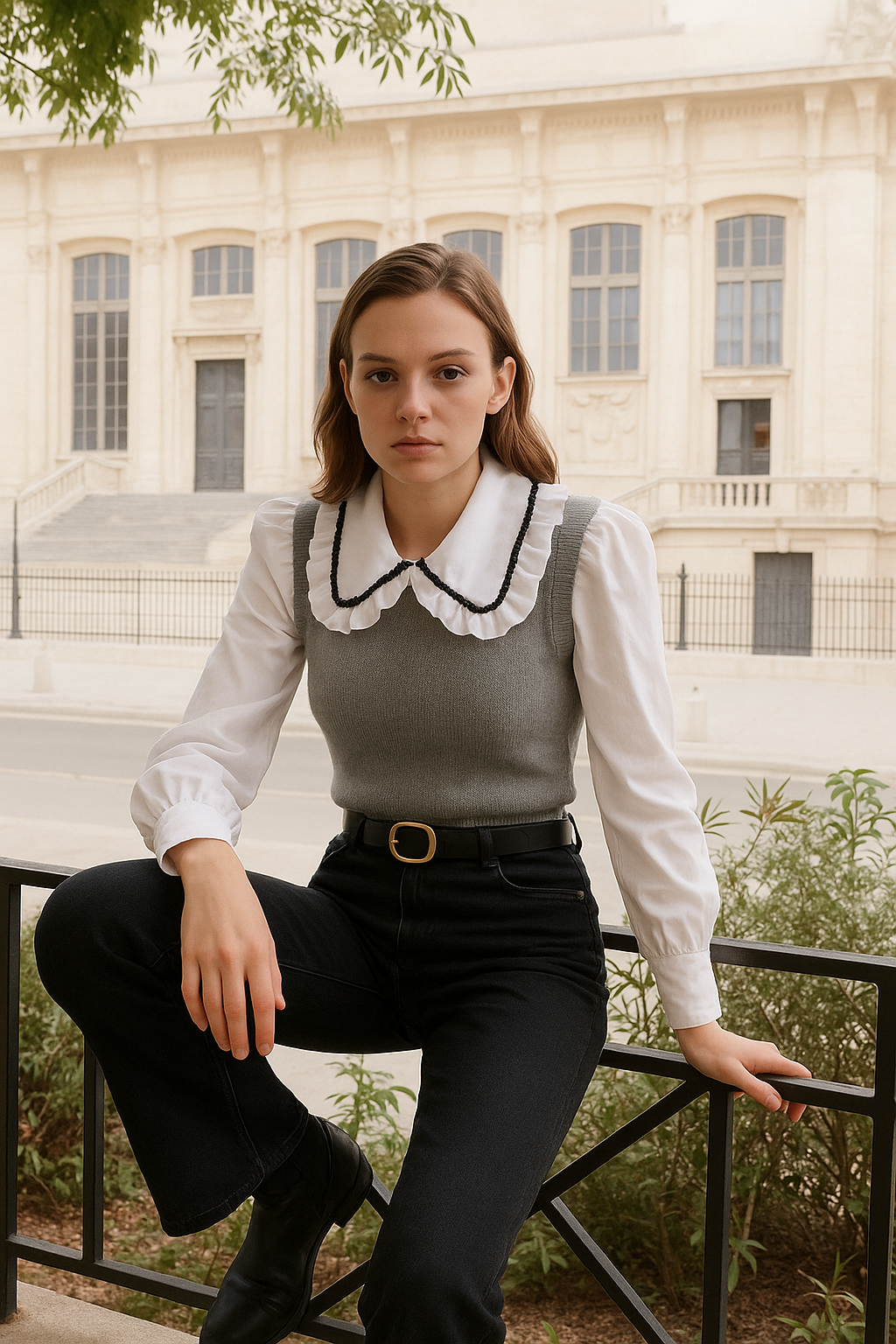 Yakası Boncuk İşlemeli Gömlek Detaylı Gri Triko Süveter