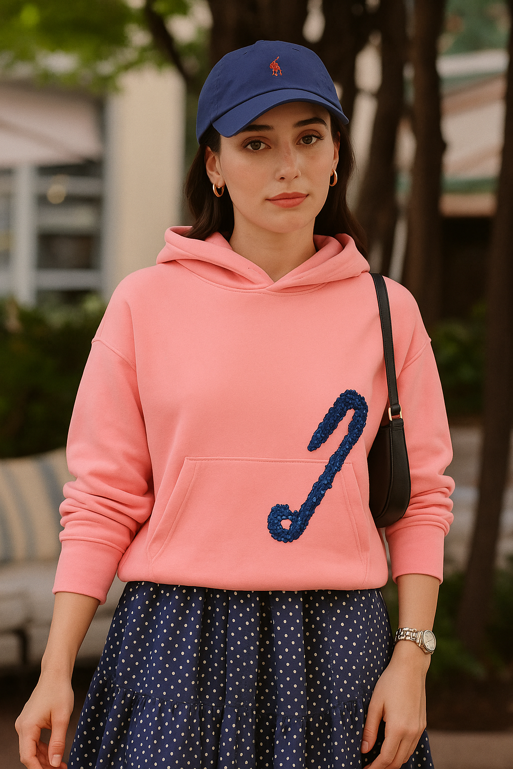 Lacivert Çengelli İğne İşlemeli Pembe Renk Kapüşonlu Sweatshirt