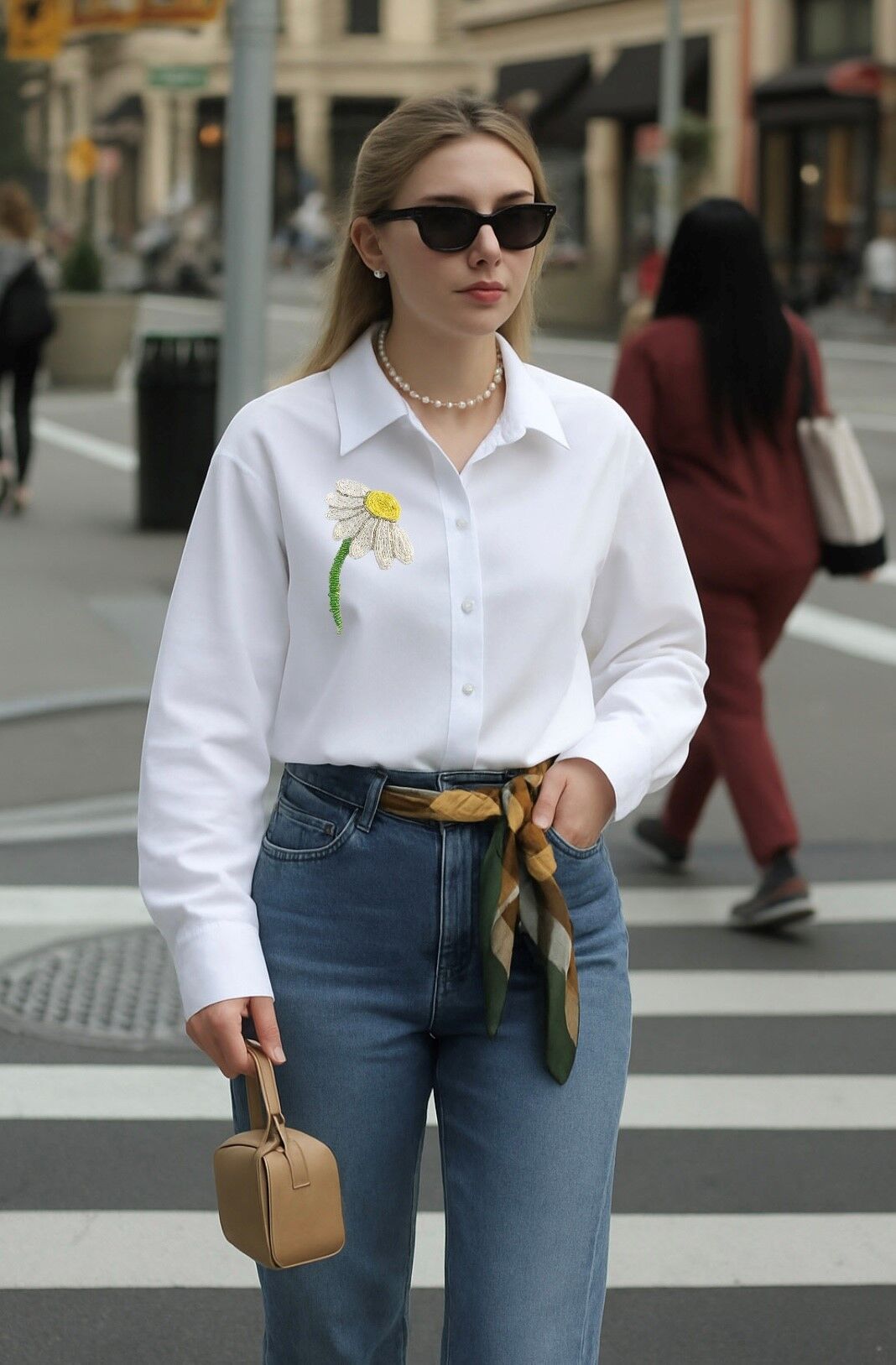 Papatya İşlemeli Beyaz Gömlek