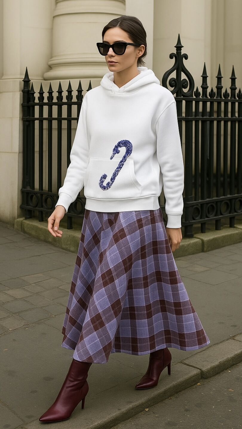 Lila Çengelli İğne İşlemeli Beyaz Renk Kapüşonlu Sweatshirt