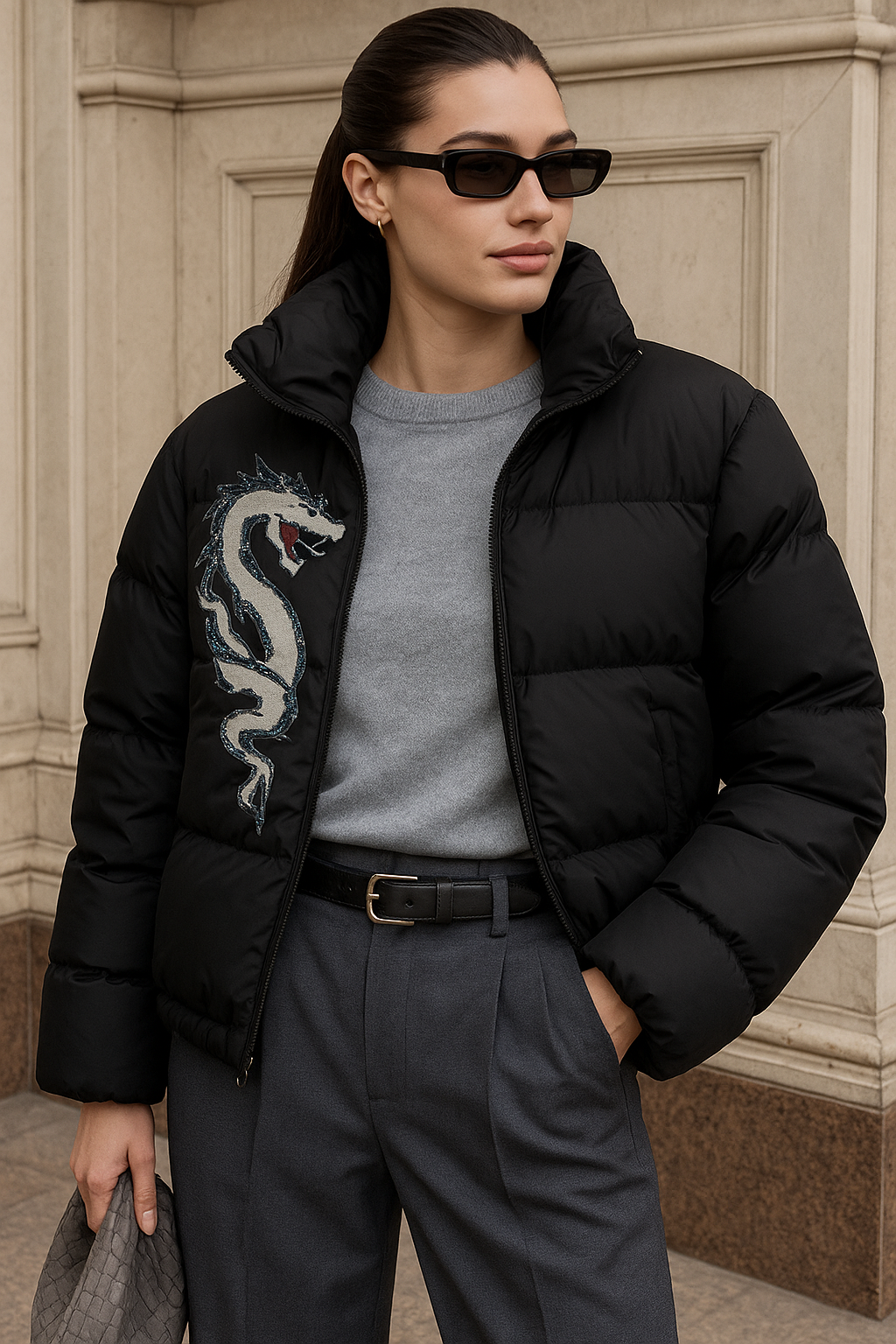 Gri Deri Üzeri Boncuk İşlemeli Ejderha Figürlü Siyah Şişme Mont