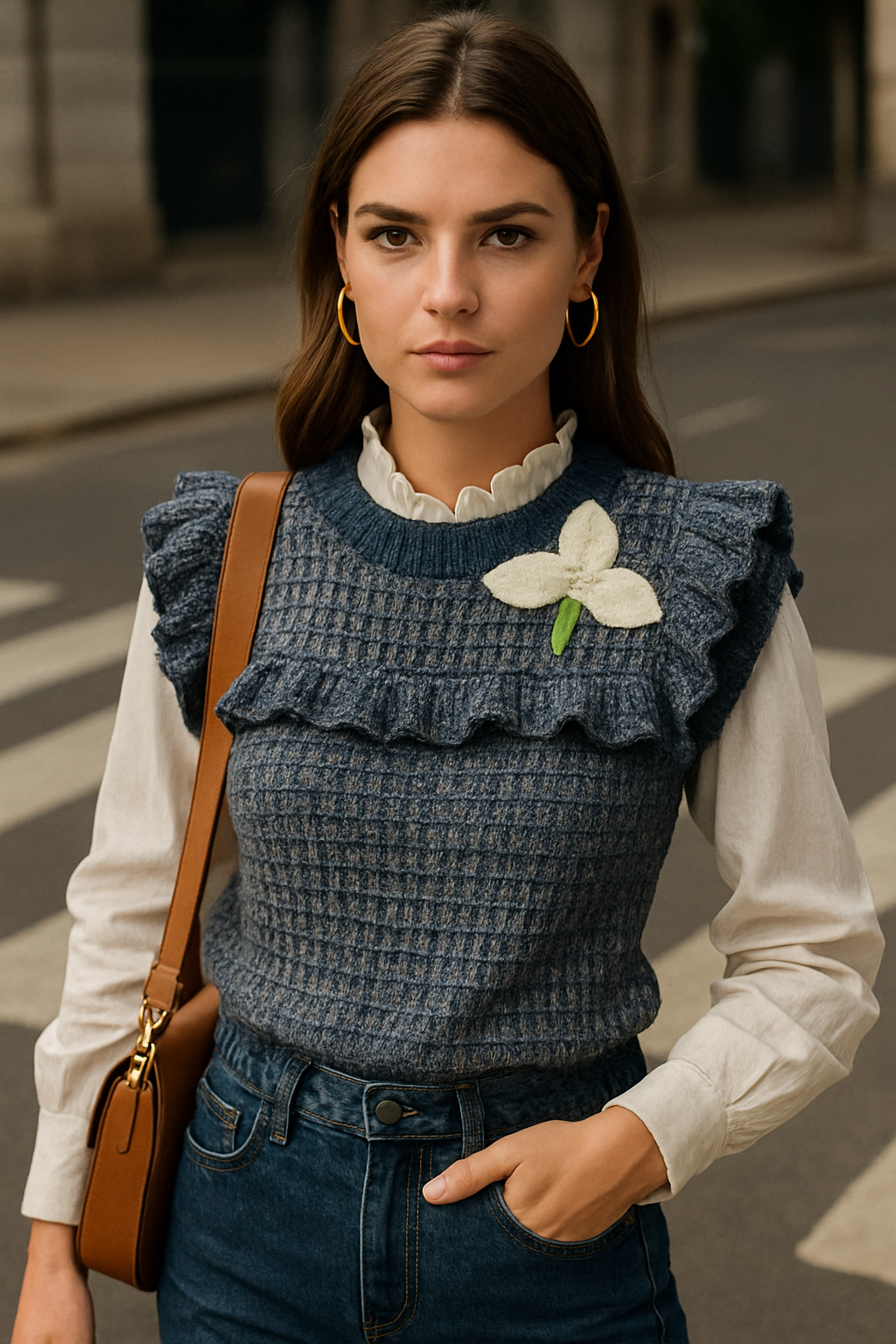 Beyaz Yonca İşlemeli Mavi Kolsuz Triko Süveter