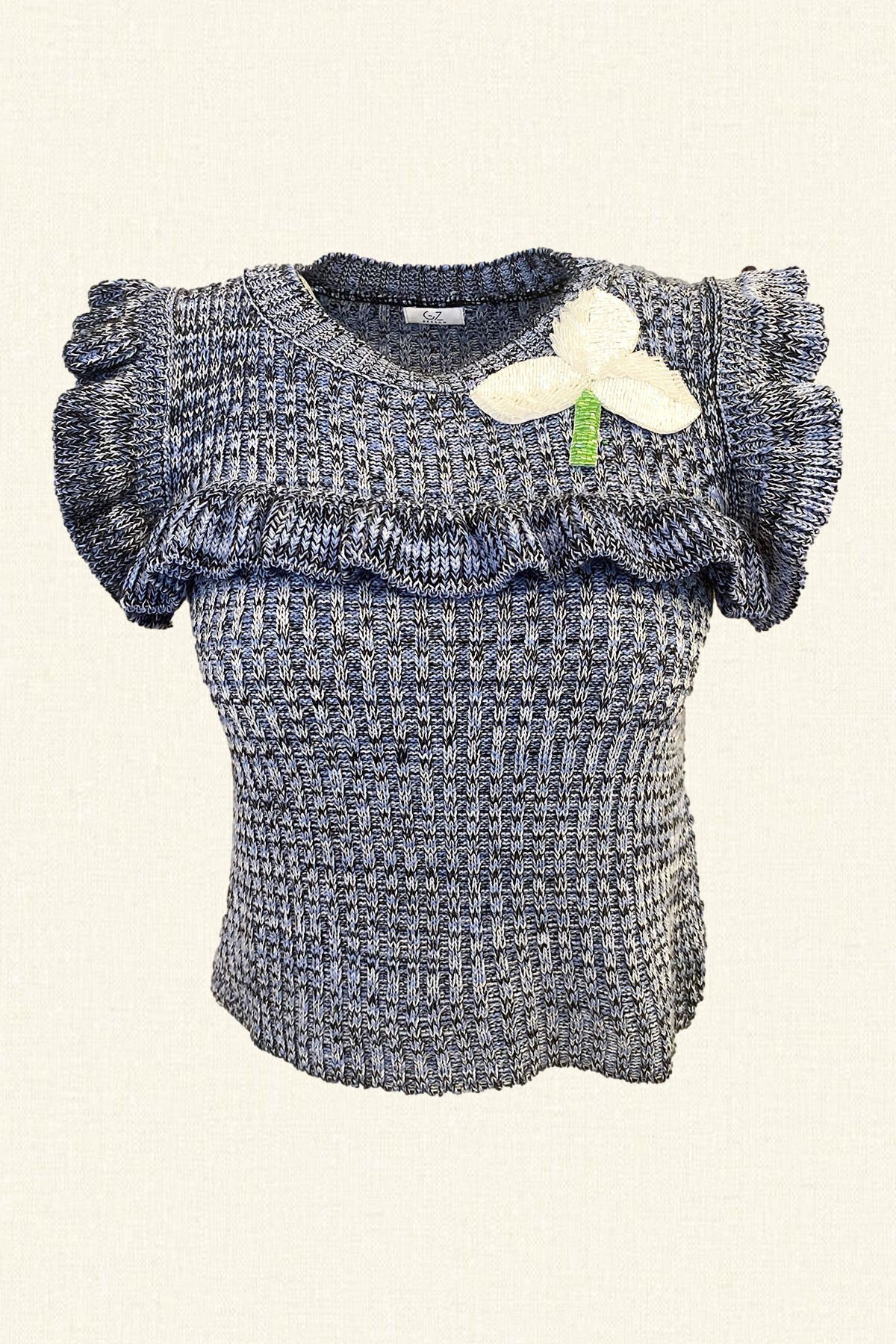 Beyaz Yonca İşlemeli Mavi Kolsuz Triko Süveter