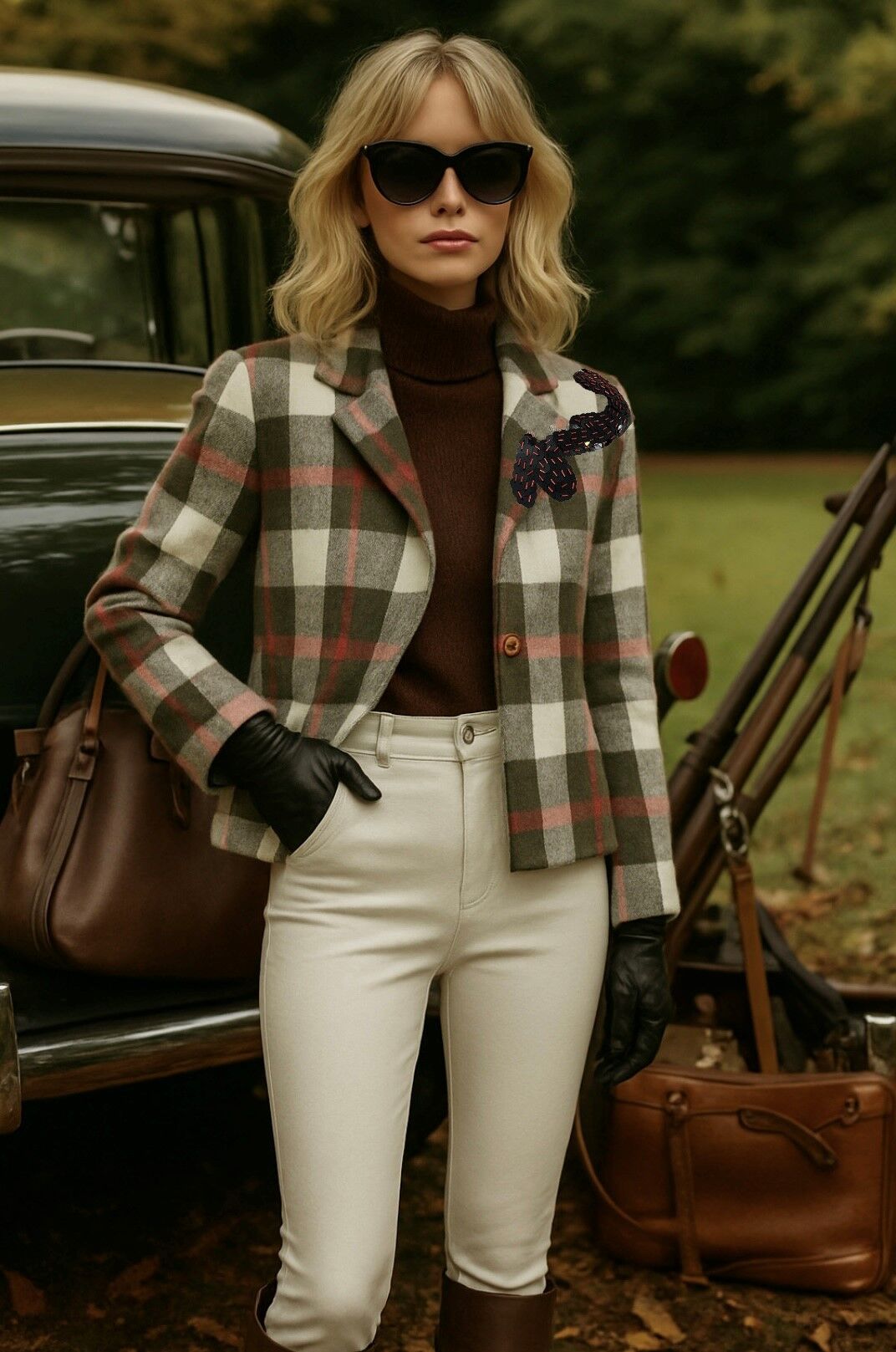 Siyah Pul İşlemeli Yünlü Yeşil Ekose Kaşe Ceket