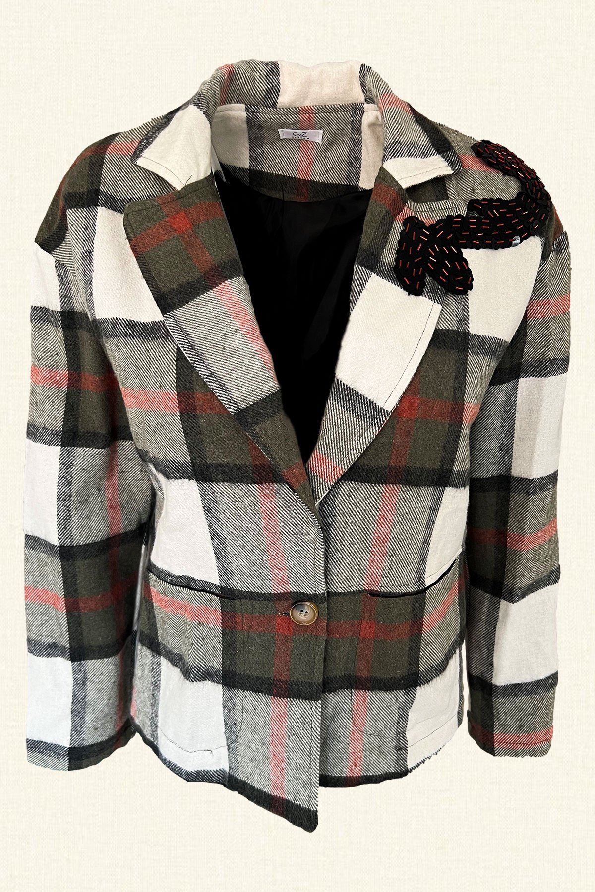 Siyah Pul İşlemeli Yünlü Yeşil Ekose Kaşe Ceket