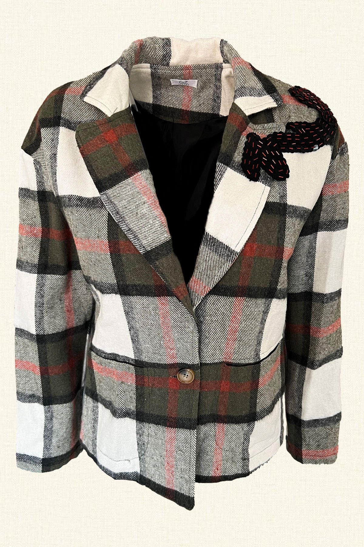 Siyah Pul İşlemeli Yünlü Yeşil Ekose Kaşe Ceket