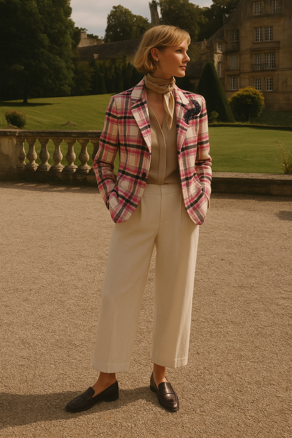 Siyah Pul İşlemeli Yünlü Pembe Ekose Kaşe Ceket