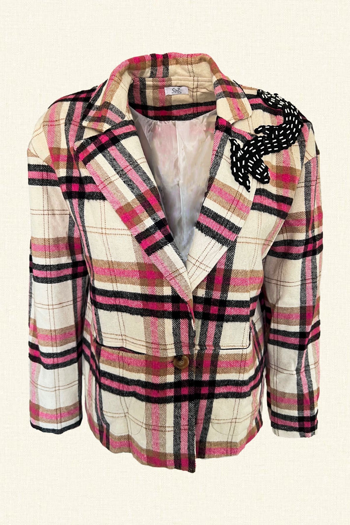 Siyah Pul İşlemeli Yünlü Pembe Ekose Kaşe Ceket