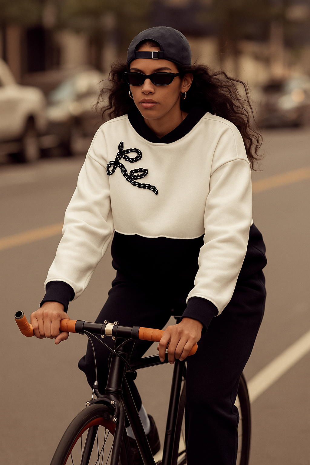 Boncuk İşlemeli Siyah-Beyaz Kapüşonlu Sweatshirt