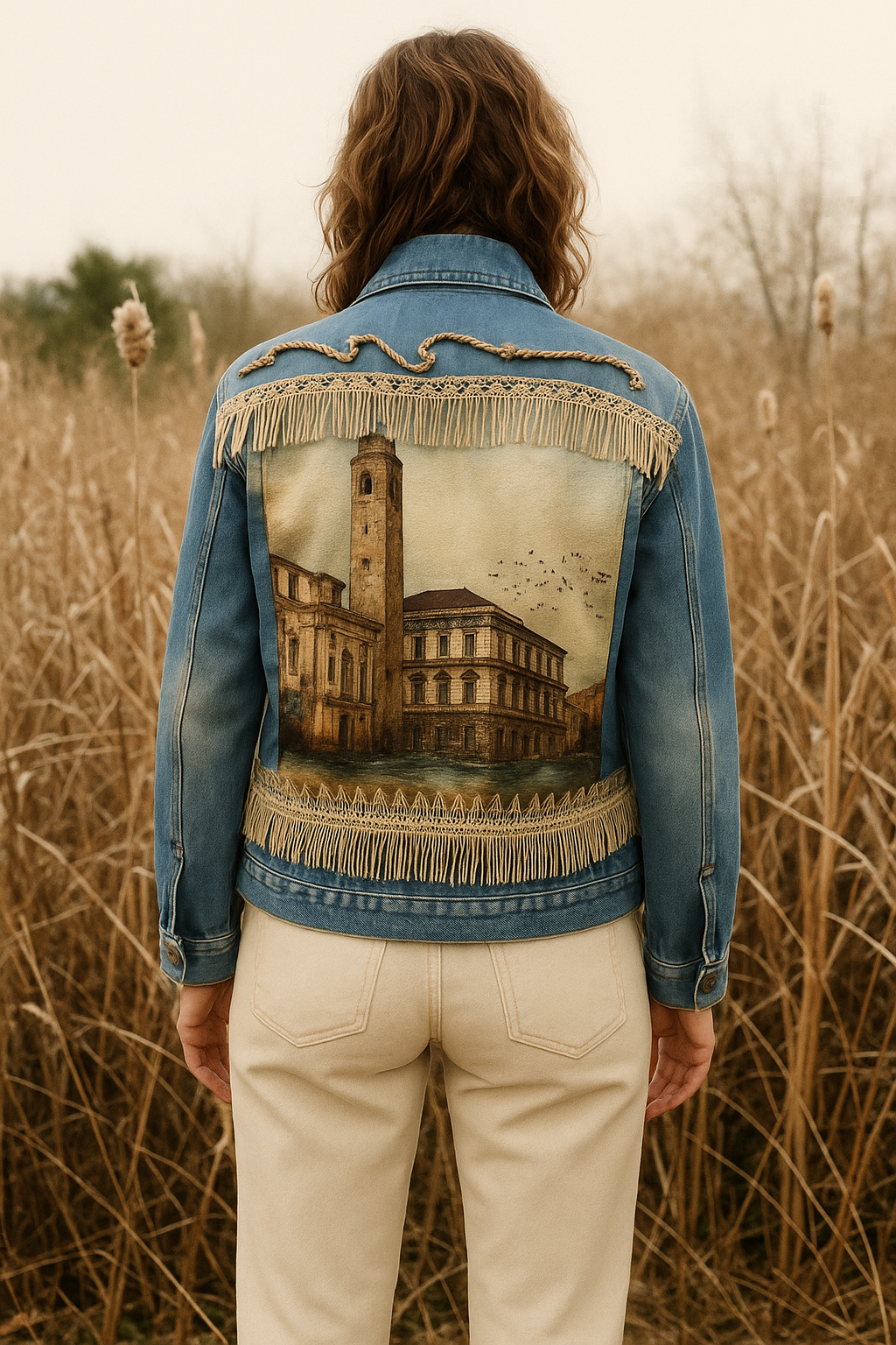 Manzara Sırt Detaylı Açık Renk Jean Ceket