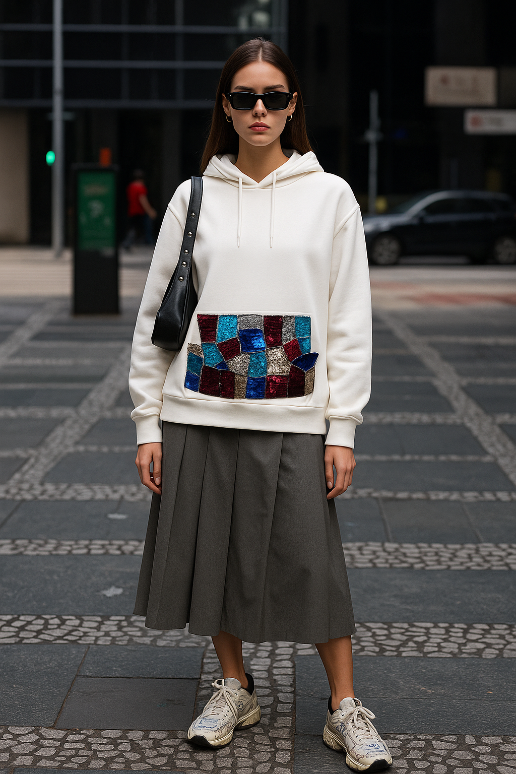 Renkli Payet İşlemeli Beyaz Kapüşonlu Sweatshirt