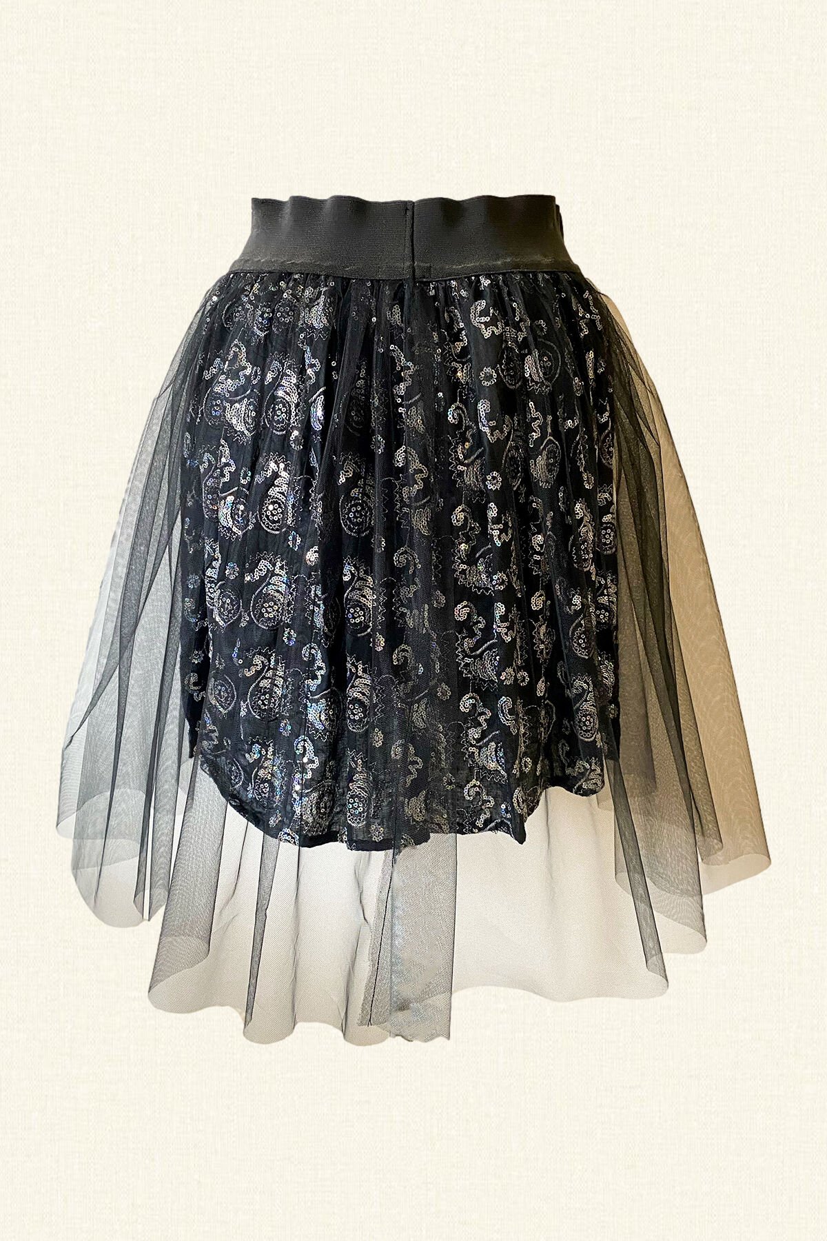 Gümüş Desenli - Siyah Lastikli Tül Etek