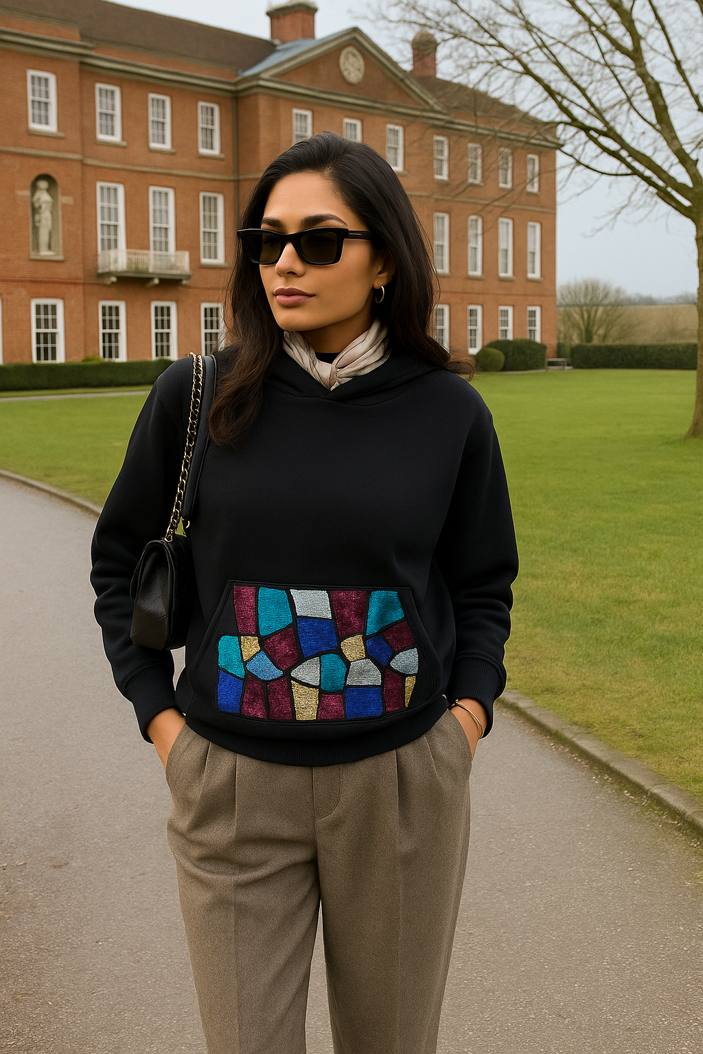 Renkli Payet İşlemeli Siyah Kapüşonlu Sweatshirt