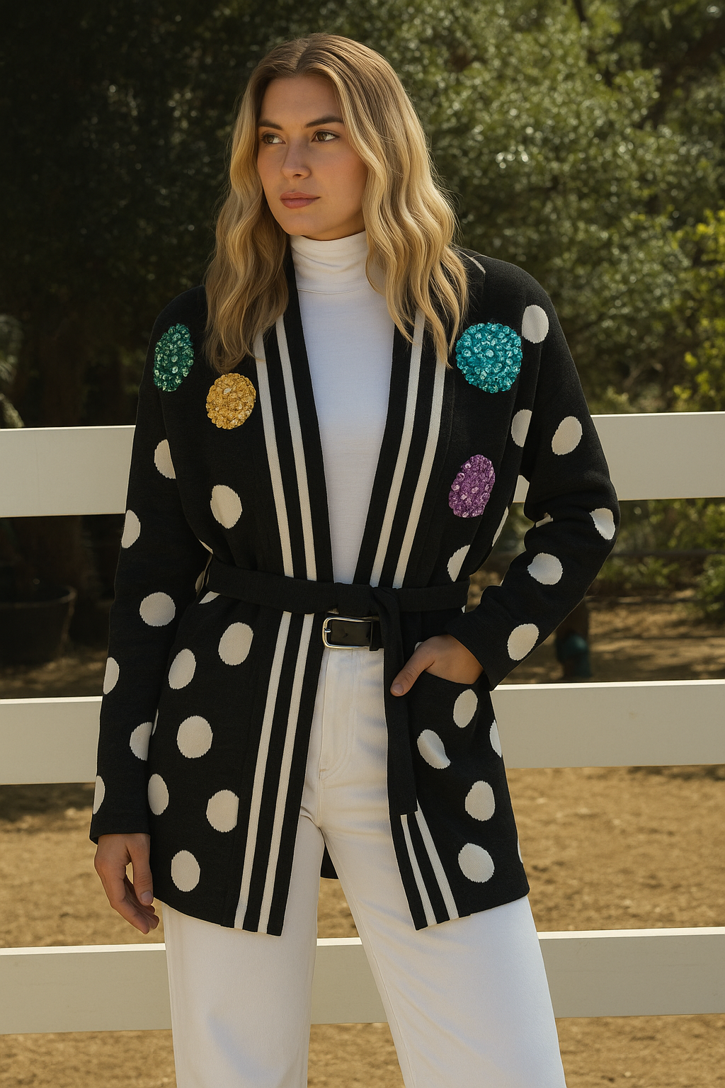 Renkli İşlemeli Puantiye Desenli Füme Renk Hırka