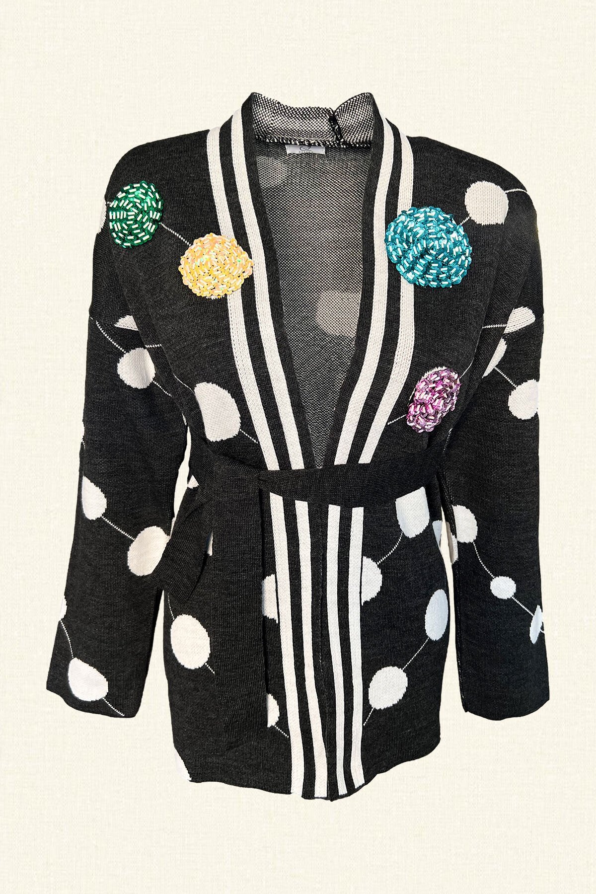 Renkli İşlemeli Puantiye Desenli Füme Renk Hırka