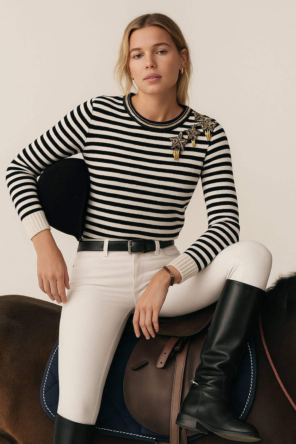 Gold Yıldız İşlemeli Çizgili Triko Bluz