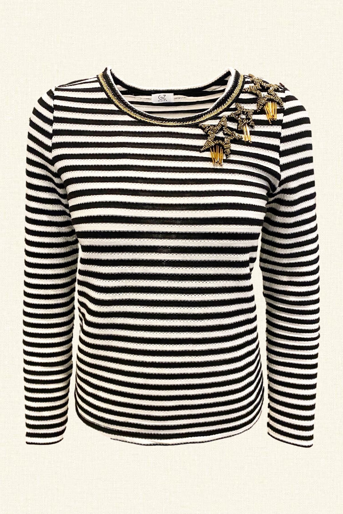 Gold Yıldız İşlemeli Çizgili Triko Bluz