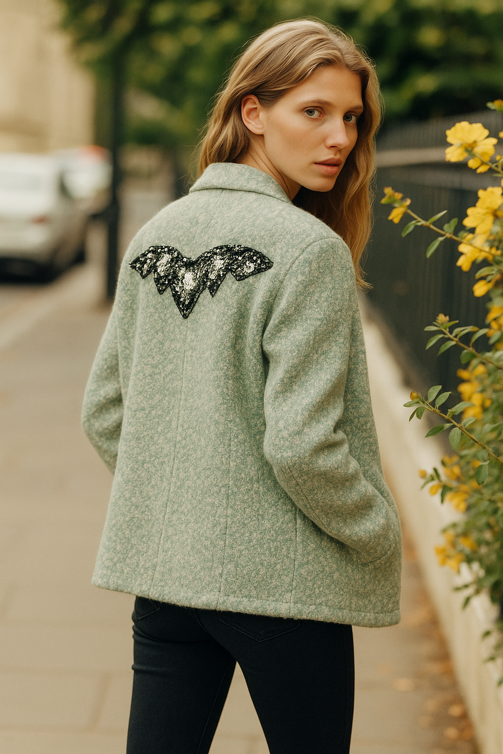 Sırtı Pul İşlemeli Mint Yeşili Yünlü Kaşe Ceket