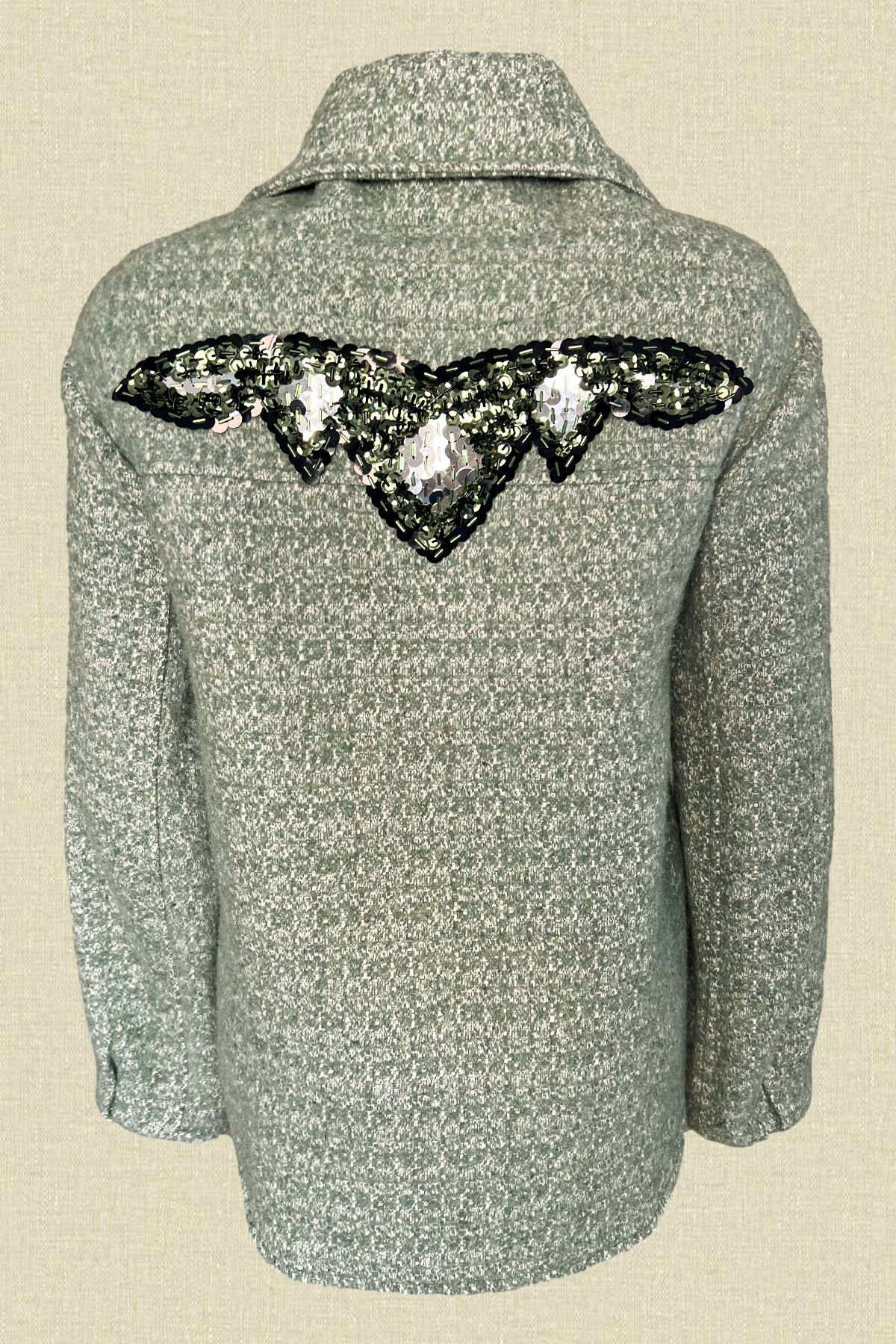 Sırtı Pul İşlemeli Mint Yeşili Yünlü Kaşe Ceket