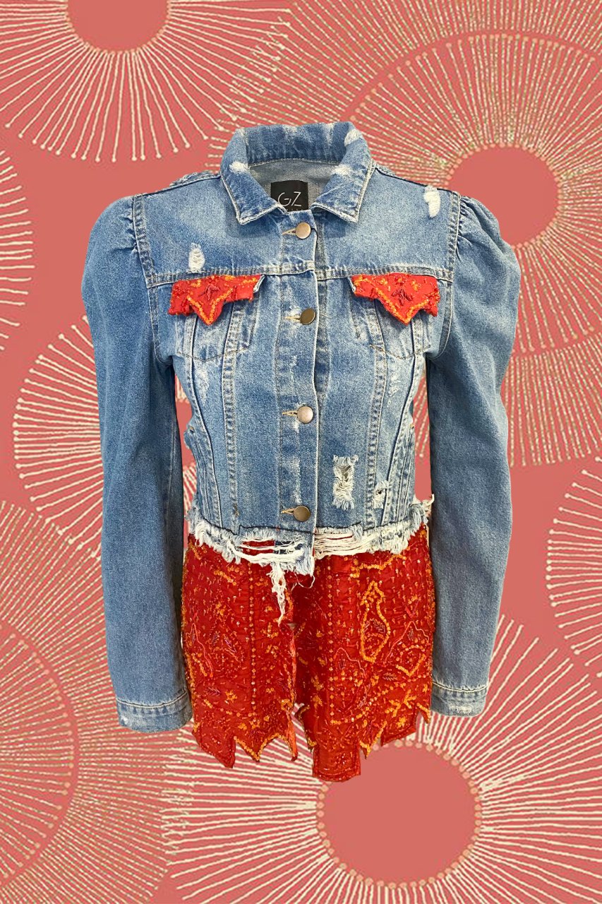 Hint Esintili Eteği Kırmızı Kumaşlı Jean Ceket