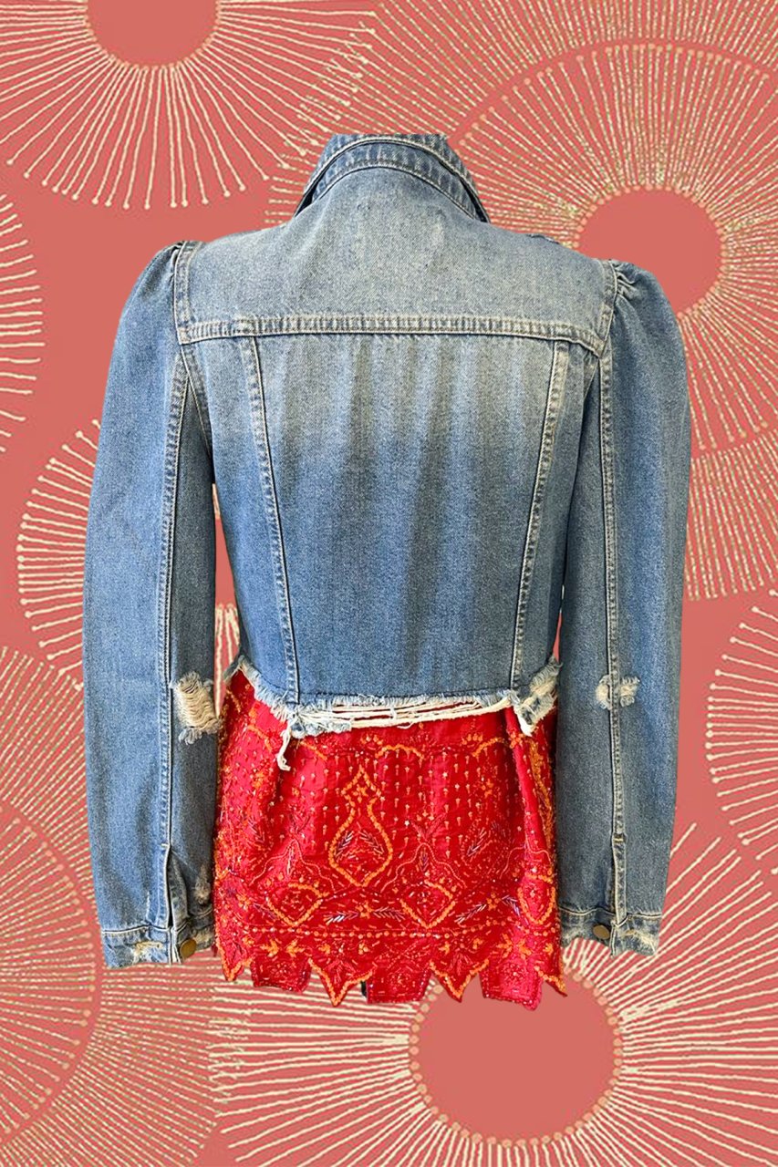 Hint Esintili Eteği Kırmızı Kumaşlı Jean Ceket