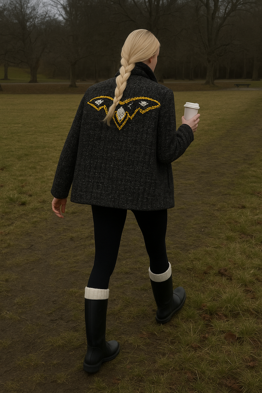 Sırtı Pul İşlemeli Siyah Renk Yünlü Kaşe Ceket