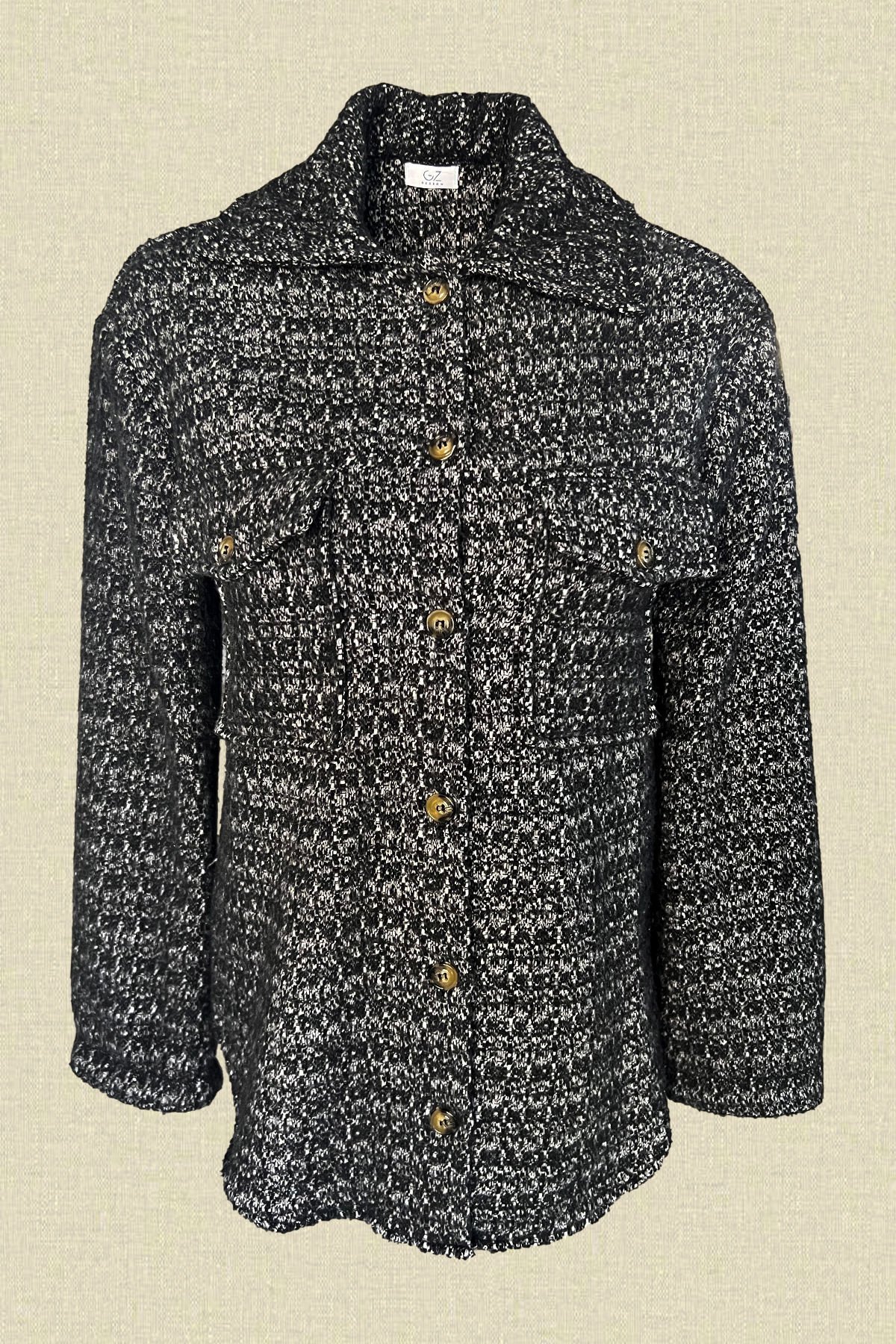 Sırtı Pul İşlemeli Siyah Renk Yünlü Kaşe Ceket