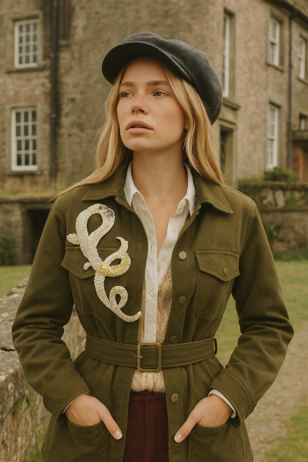 Beyaz Helezon İşlemeli Asker Yeşili Jean Ceket