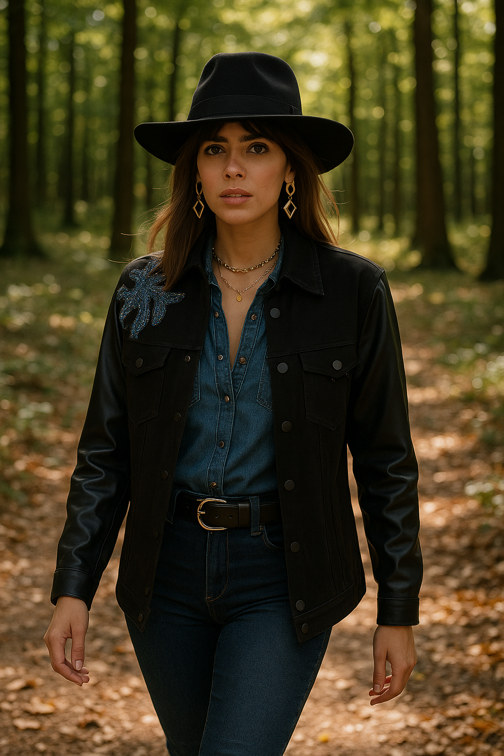 Kristal Boncuk İşlemeli Kolları Deri Detaylı Siyah Jean Ceket