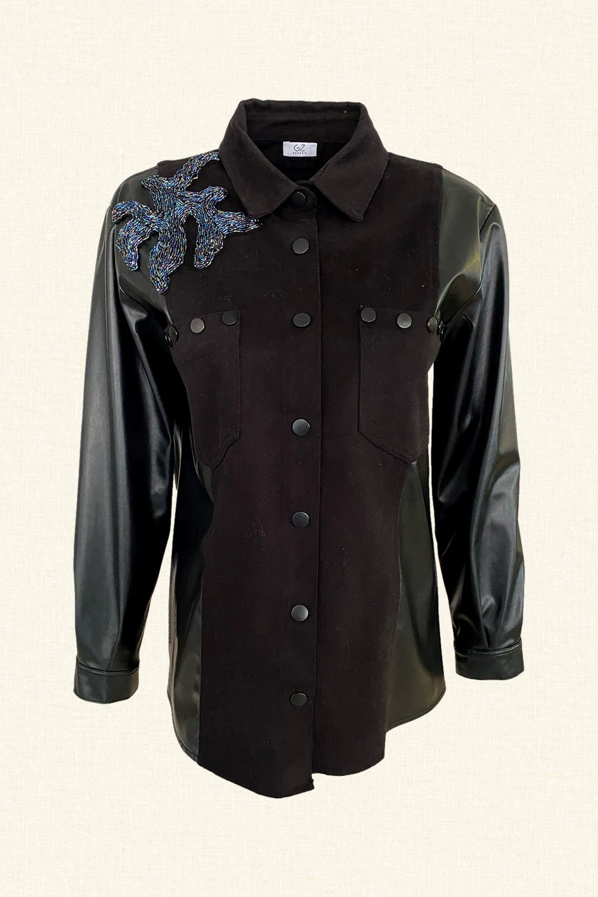 Kristal Boncuk İşlemeli Kolları Deri Detaylı Siyah Jean Ceket