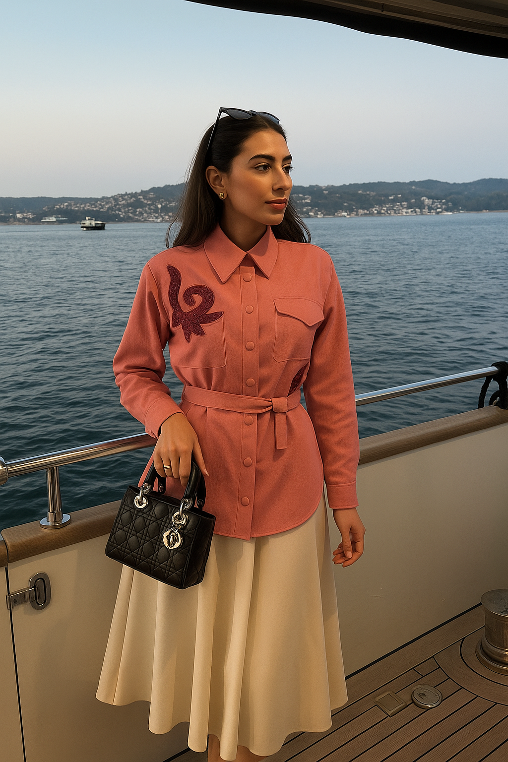 Bordo İşlemeli Gül Kurusu Kemer Detaylı Gömlek