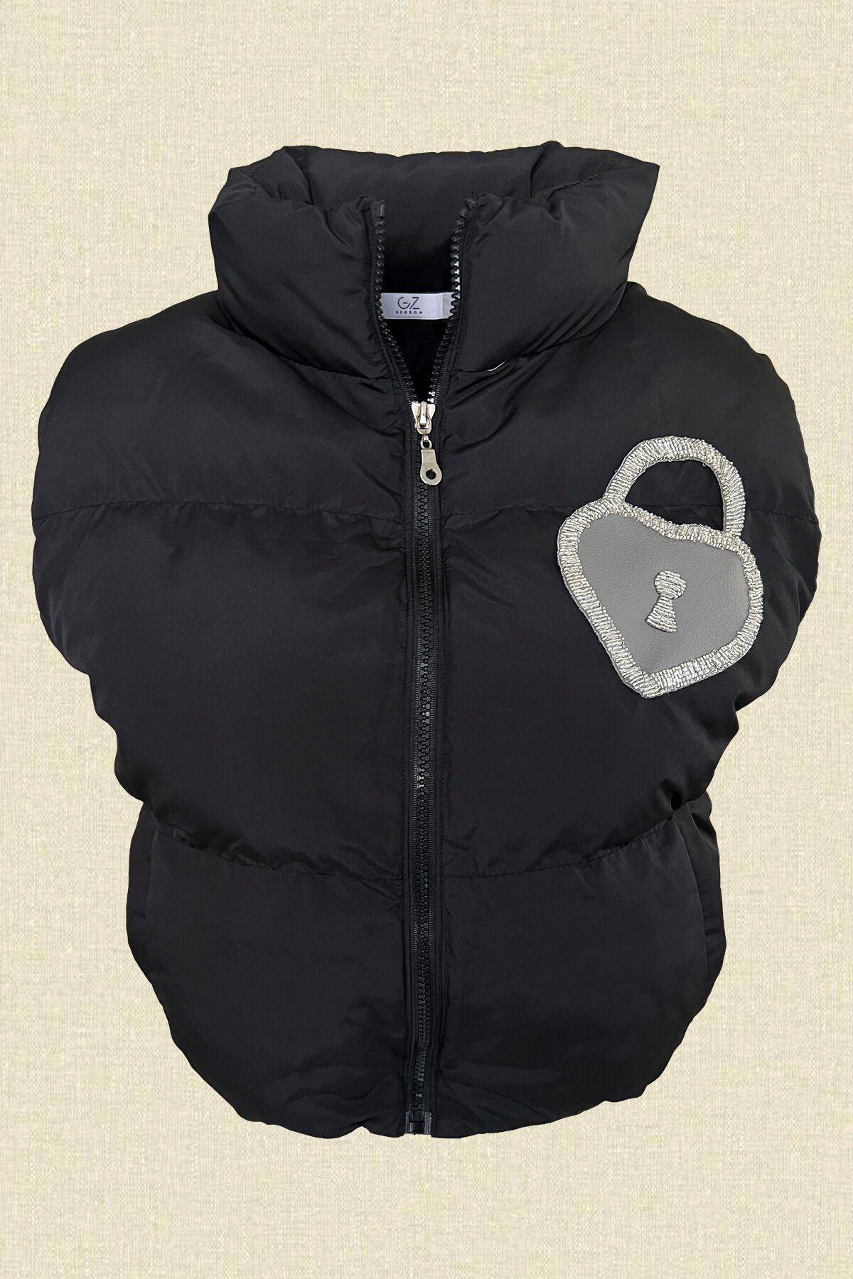 Deri Üzeri Boncuk İşlemeli Kilit Figürlü Siyah Bomber Şişme Yelek