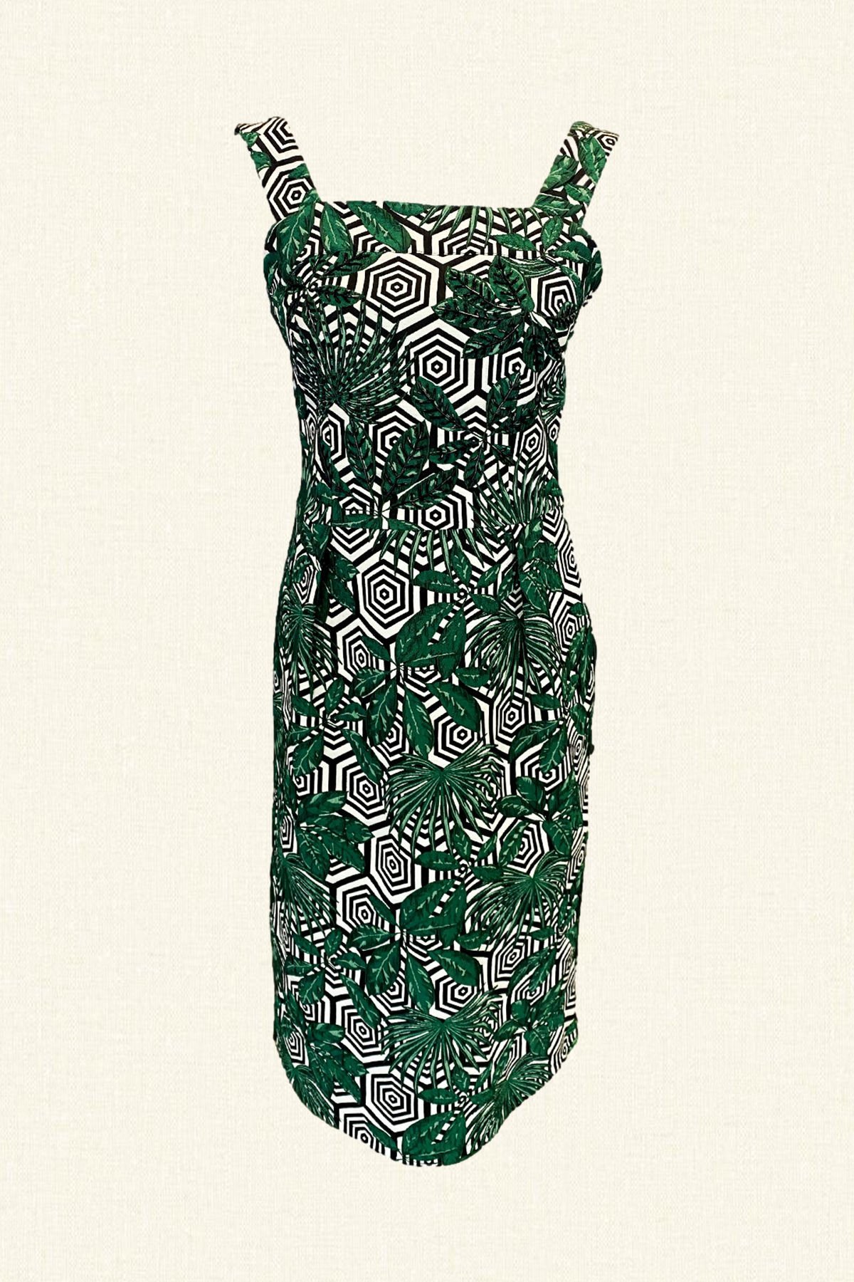 Yaprak Desenli Geometrik Detaylı Yeşil Elbise