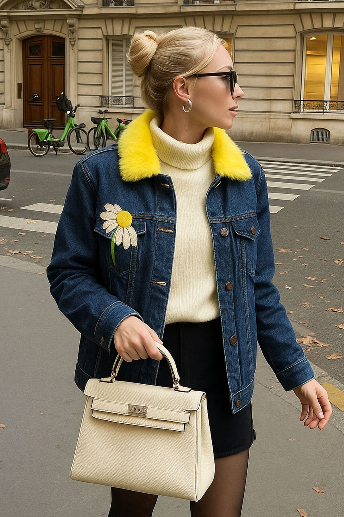 Papatya İşlemeli Sarı Kürk Detaylı Koyu Renk Jean Ceket