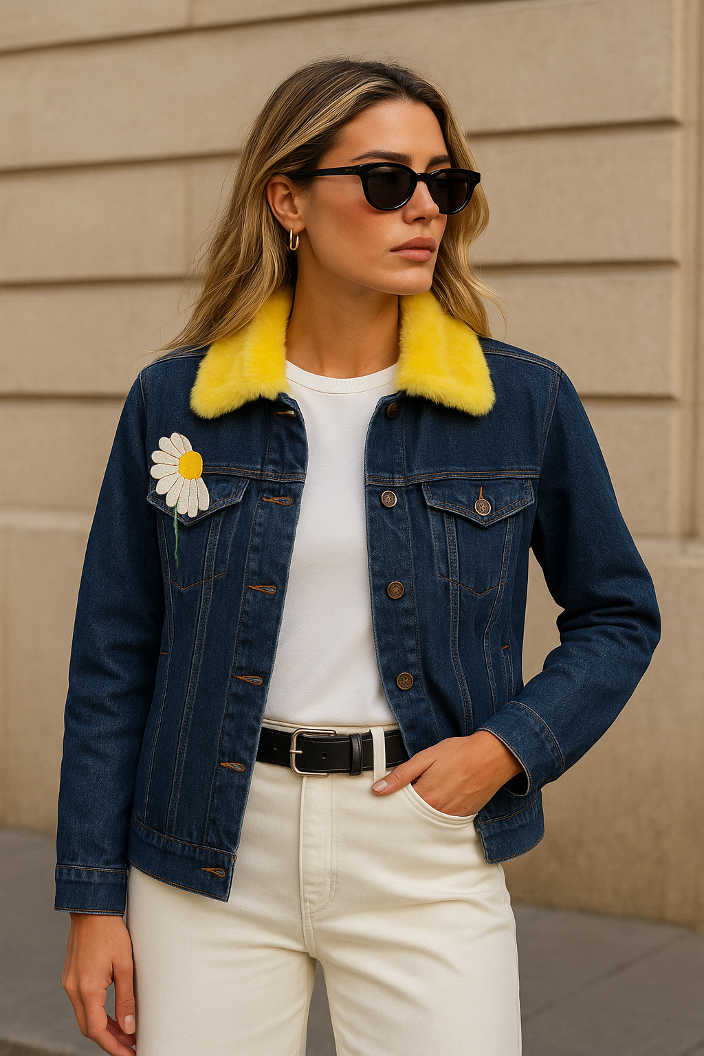 Papatya İşlemeli Sarı Kürk Detaylı Koyu Renk Jean Ceket
