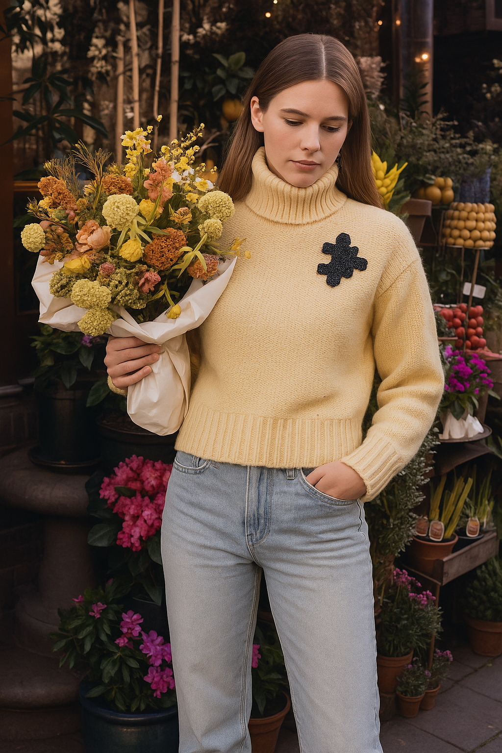 Puzzle İşlemeli Boğazlı Sarı Renk Kazak