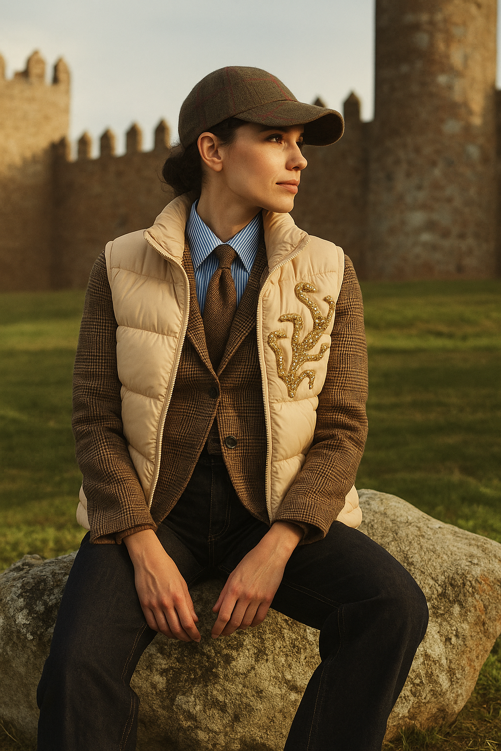 Gold Dal İşlemeli Krem Bomber Şişme Yelek